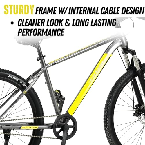 Image of FitTrip 29T Scrambler Mountain Bike Cycle for Men & Women, Single Speed MTB Bicycle with Steel Alloy Frame, Hartex Tyres, Fully Fitted, Zero Maintenance, Liquid Metal Yellow