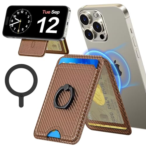 Matekxy for Magnetic Wallet with Stand and Ring Grip - for iPhone 16/15/14/13/12 and Pro Max Series, Leather Wallet for Money Clip, 3/4/5 Cards Holder with Loop, Carbon Brown