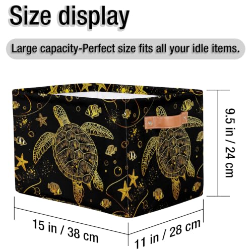 Image of Gold Sea Turtle Square Storage Basket, Starfish Tropical Fish Fabric Storage Bin with Leather Handles Collapsible Storage Bin Nursery Hamper for Organizing Toys, Clothes, Books, Gift Baskets