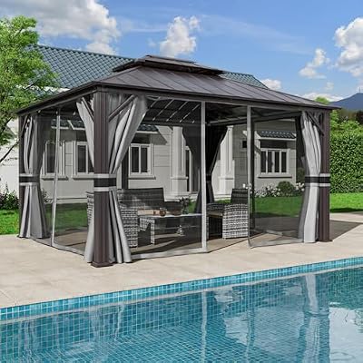 Amopatio 12' X 16' Permanent Hardtop Gazebo Aluminum Gazebo with Double Galvanized Steel Roof, Curtains and Netting Included,Outdoor Metal Pergola for Patios, Garden, Parties, Lawns
