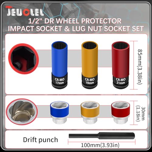 Image of 7PCS 1 /2 inch Drive Wheel Protector Impact Socket & Lug Nut Socket Set | 6 Pt, Non-Marring, Thin Wall, Wheel Protector, Damaged Nut Lock Remover, Rusted, Stripped, Screws, Stuck Locking Nut Removal