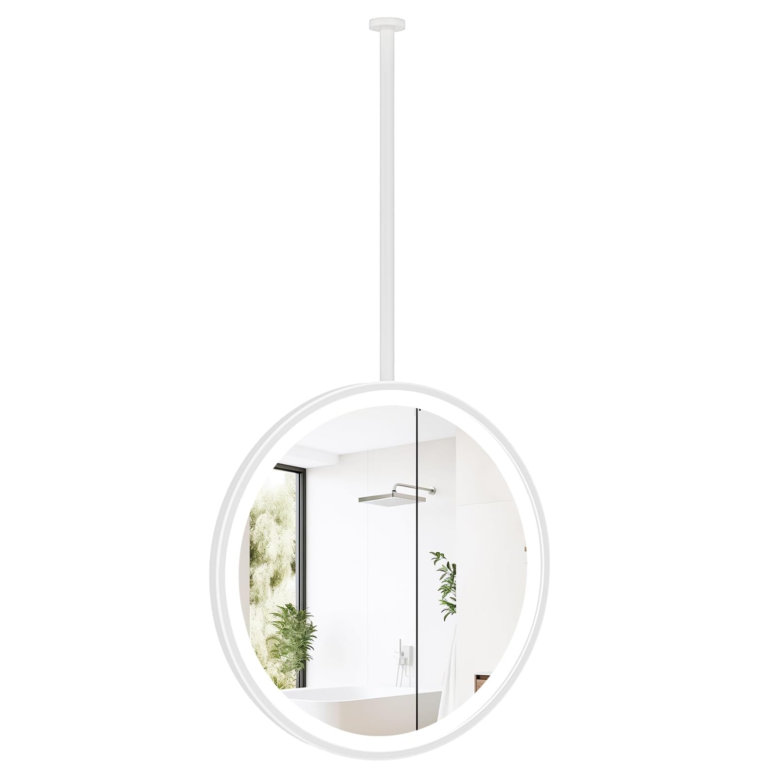 FGXHHS Bathroom Hanging Mirror LED Vanity with Lights, Ceiling Mounted Metal Frame and Boom, White Round Wall Decorative Mirror(Diameter-70CM/27.6INCH)