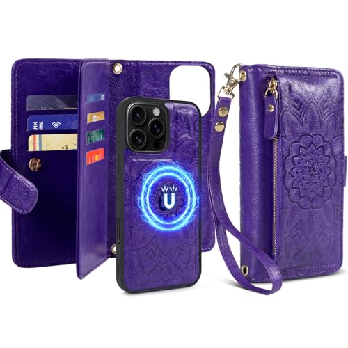 Harryshell for iPhone 16 Pro Max 5G Detachable Magnetic Case Wallet,Compatible with Magsafe Wireless Charging, [ RFID Blocking ] Card Slots, Cash Zipper Pocket Wrist Strap (Floral Purple)