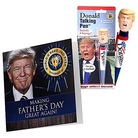 2 Pack of Talking Trump Happy Fathers Day Card w/ Donald Trump's Real Voice Saying I Love You Dad w/ Envelope & Original 2016 Trump Talking Pen - Push the Head & Listen to 8 Different Sayings Cover