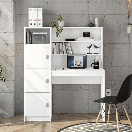 Politorno Móveis Escrivaninha com Estante Teresina, Home Office, 120x45x140 cm, Branco, MDP, Pintura UV, 1 Porta, 6 Prateleiras, Porta-CPU