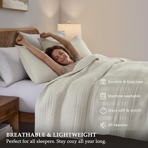 Image of palassio Striped Beige 100% Cotton Quilt Queen Size Bedding Sets, Lightweight Crinkly Channel Pick Stitch Textured Bedspread Soft Shabby Chic Farmhouse Country Coverlet for All Season, 2 Shams