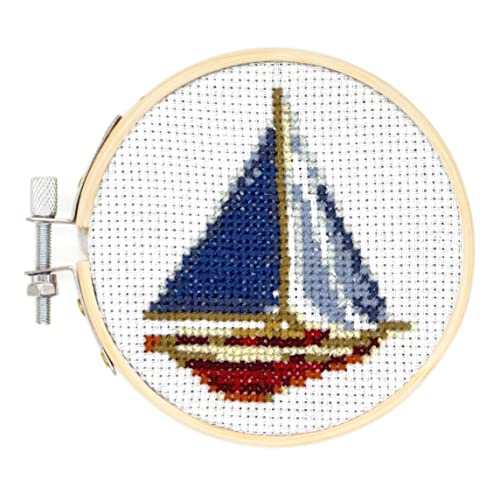 Image of Kikkerland DIY Mini Cross Stitch Sailboat Embroidery Craft Starter Kit Set, with Pattern Instructions, 3 inch Bamboo Hoop, Stress Relief, Adult Beginner Friendly