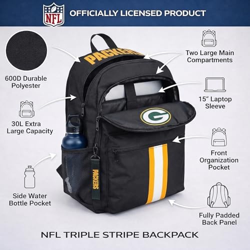 Image of NFL Green Bay Packers Backpack - Triple Stripe Wordmark Design with Keychain