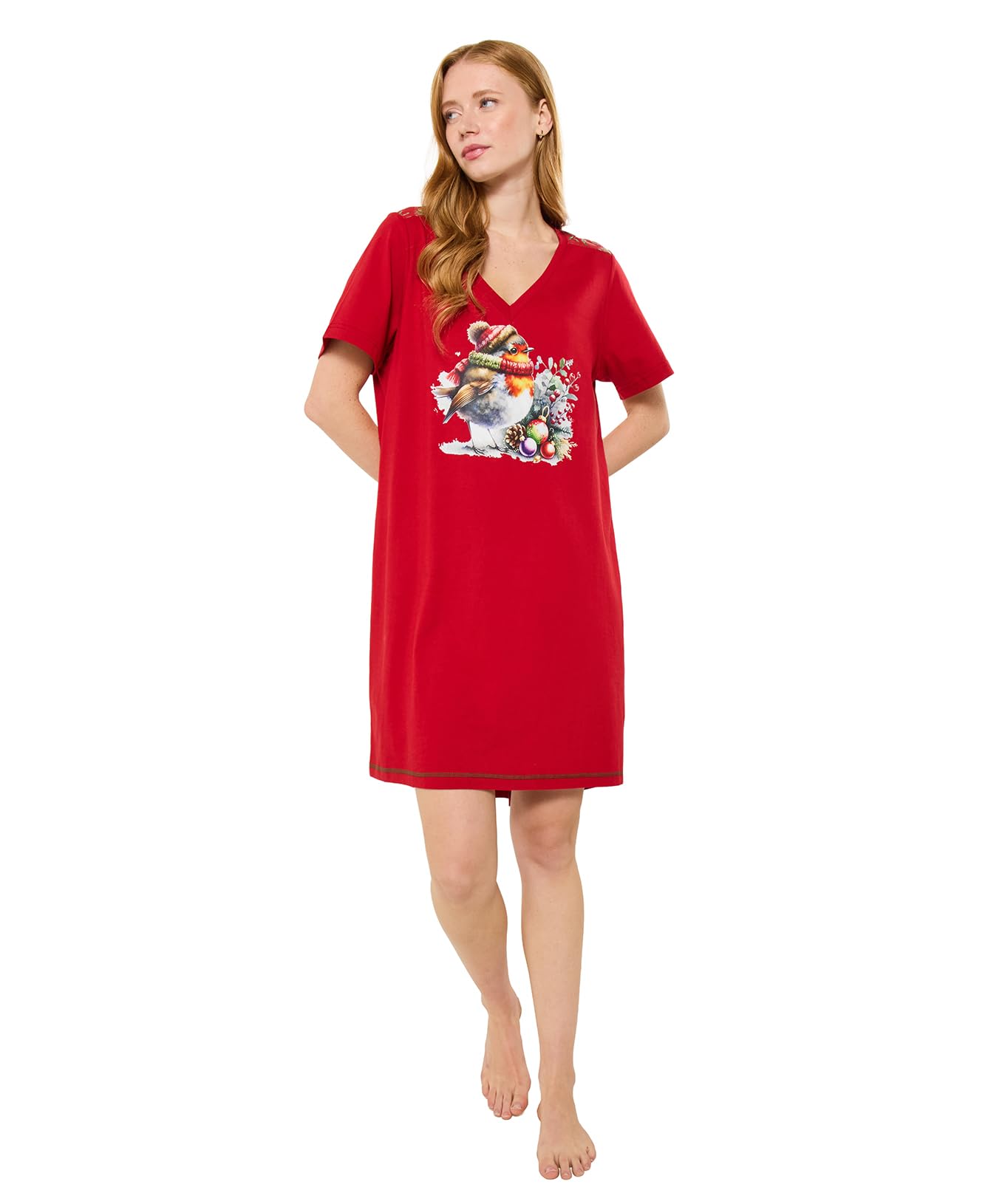 Joe Browns Women's Festive Robin Jersey Nightie, Regular, Red, UK S