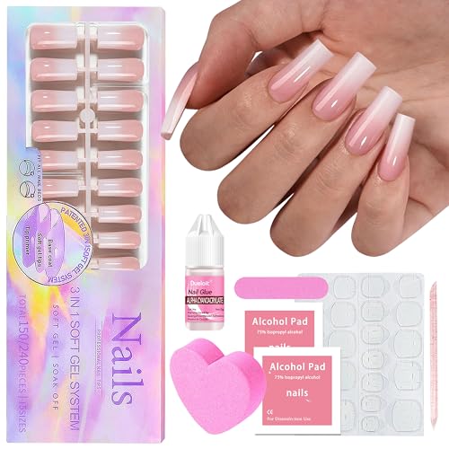 Set di punte finte per unghie – 150 pezzi Press on Nails French Medium Almond, bianco rosa gradiente design per unghie Full Cover acrilico unghie artificiali per donne e ragazze (quadrato rosa, 150