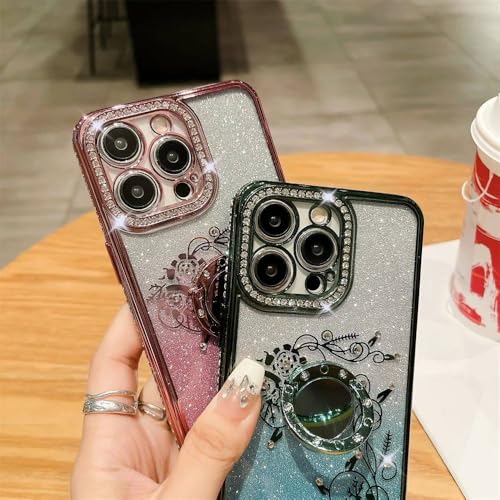 Coque iPhone 13 Pro Max fleur colorée support anneau paillettes diamant antichoc dorée