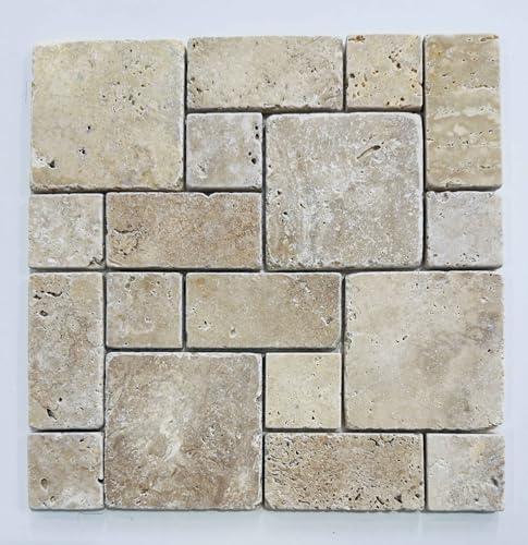 Mosaïque en Pierre Naturelle, Motif Vieilli Ivoire Foncé Travertin, Idéal pour Sols et Murs