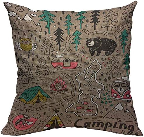 VERSUSWOLF Throw Pillow Covers Camp Funny Map with Nature Landscape Camping and Cute Animals in The Forest Fox Cotton Linen Decorative Square Pillowcases Cushion Cover 18 X 18 Inch