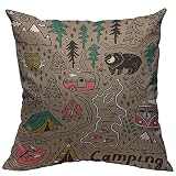 VERSUSWOLF Throw Pillow Covers Camp Funny Map with Nature Landscape Camping and Cute Animals in The