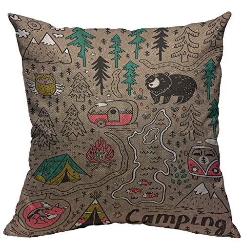 Versuswolf Throw Pillow Covers Camp Funny Map With Nature Landscape Camping And Cute Animals In The Forest Fox Cotton Linen Decorative Square Pillowcases Cushion Cover 18 X 18 Inch #TOP19