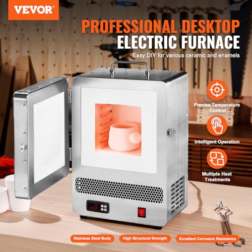 Image of VEVOR Electric Kiln, 1500W Melting Furnace Max Temperature 2192℉ /1200℃, Stainless Steel, for Wax Casting, Clay DIY, Metal Tempering, Glazing on Pottery, Silver