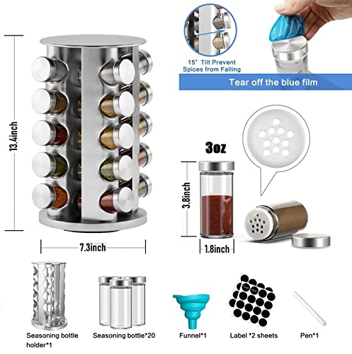 360-degree Rotating Glass and Stainless Steel Spice Rack with 20 Jars, Anti-Sprinkling Design, Great Gift