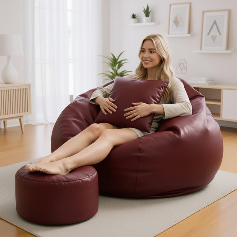 Image of Biggie Bean Bag 7XL Bean Bag Chair with Beans Filled - The Classics Bean Bag Sofa - Combo Set-Styled for Elegance with Free Cushion & Footrest (Matching Color : Yzava Maroon)