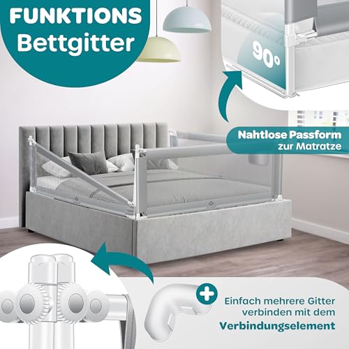 Miniatura 5 de Kesser Barrera De Cama De 150cm, Para Niños, Plegable, Para Cuna, Cama Infantil, Protección Contra Caídas, Cama Y Cama Con Somier Alto: 72 Hasta 96 Cm, Gris Claro