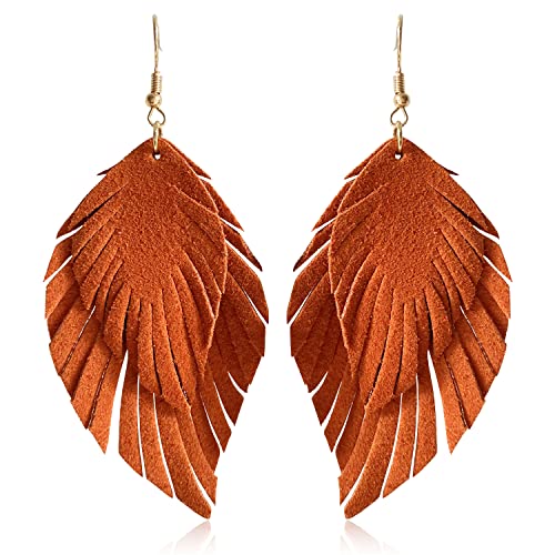 Handmade Bohemian Large Soft Genuine Leather Fringe Double Feather Lightweight Color PU Leaf Drop Dangle Earrings for Women Fashion Jewelry Gifts