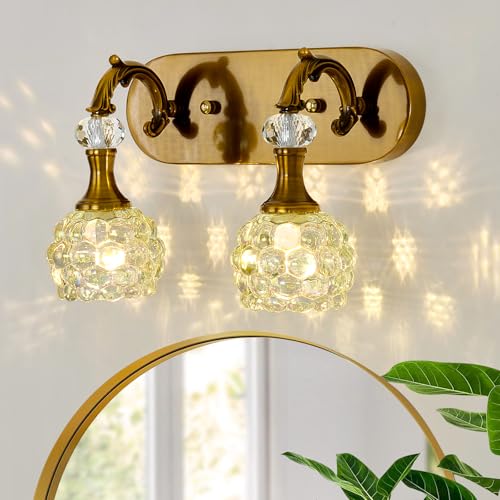 Image of 2 Light Vintage Vanity Light Gold Bathroom Lighting Fixtures Over Mirror Wall Sconce with Glass Shade