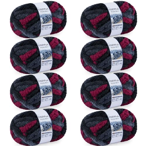 Cozyful Chunky Yarn for Hand Knitting - #10 Chunky Chenille Blanket Yarn Jumbo Big Thick Chunky Yarns for Crocheting Tie Dye Bulky Knit Yarns 8 Skein (20 yds 8 oz Each Skein) Grey & Black & Red