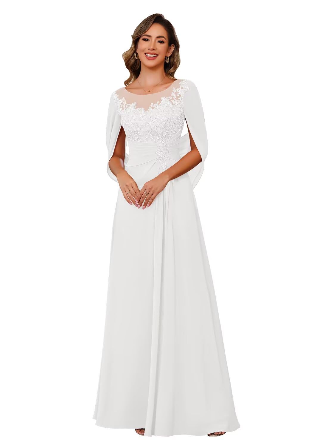 Lace Long Mother Dress for Women with Pleated Sequin Cape Scoop Illusion Chiffon Formal Dresses RA035