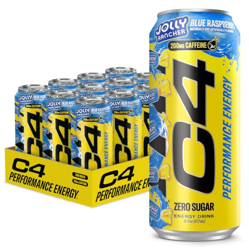 Image of C4 Performance Energy Drink, Jolly Rancher Blue Raspberry, Zero Sugar Carbonated Preworkout Energy, 200mg Caffeine with Beta Alanine, 16 Fl Oz (12 Pack)