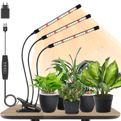 Niello Lámpara para plantas, lámpara de crecimiento de 3 cabezales, luz de crecimiento de espectro completo para plantas de interior, luz para plantas con temporizador de encendido/apagado de 3/9/12h