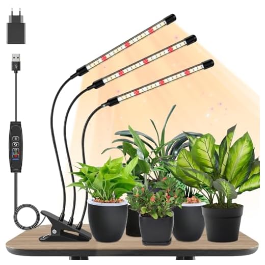 Niello Lámpara para plantas, lámpara de crecimiento de 3 cabezales, luz de crecimiento de espectro completo para plantas de interior, luz para plantas con temporizador de encendido/apagado de 3/9/12h