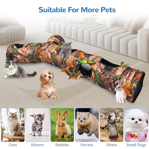 Image of Cat Tunnel,Under Christmas Tree 59 inch Large Y-Shape Cat Cave with 3 Rustle Channels & Leaves, Portable Cat Bed Toy for Indoor Kittens & Small Pets to Chase and Play, Easy Storage (Brown)