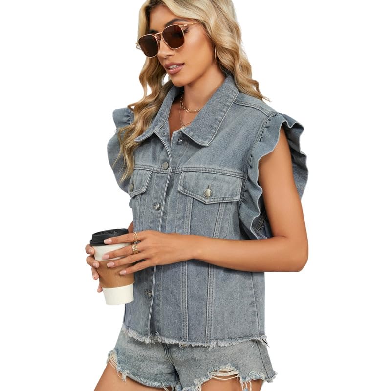 Women’s Washed Wood Ear Denim Vest Waistcoat | Sleeveless Ruffle Trim Casual Layer-image-20