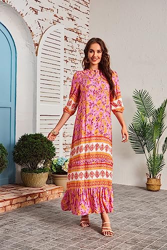 Image of Women Boho High-Waist Floral Print Maxi Dress 3 /4 Sleeve Casual | Soft Rayon, Breathable, Quick-Dry. High-Waist with Adjustable Belt, Flattering Hem. Ideal for Beach, Work & Dating.