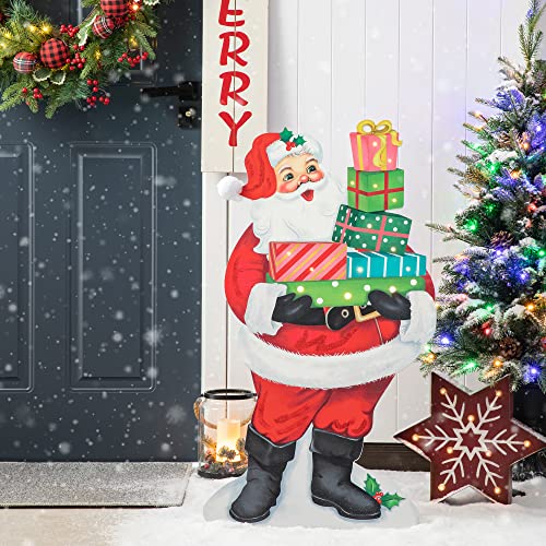Image of Glitzhome 36 inch H Lighted Christmas Santa with Gifts Porch Sign Wooden Standing Santa Porch Decor Rustic Merry Christmas Welcome Sign Holiday Party Outdoor Indoor Xmas Decorations