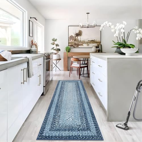 GAOMON Washable Runner Rug 2x10 Hallway Runners Braided Print Entryway Runners Non-Slip Kitchen Rug Runner Ultra-Thin Low Pile Farmhouse Floor Mat for Bedroom Bedside Laundry Boho Accent Carpet Blue