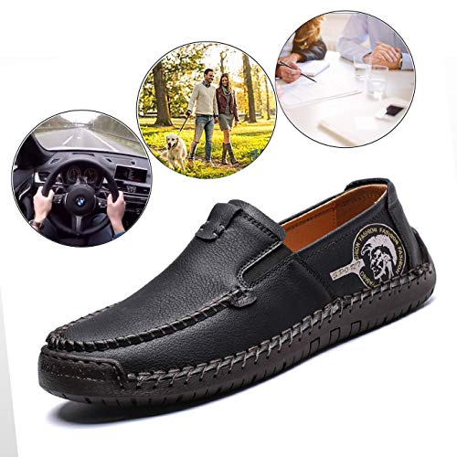 Qiucdzi Men's Casual Leather Loafer Breathable Driving Boat Shoes Lightweight Slip On Flats Walking Sneakers Black