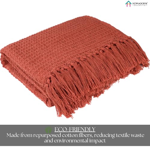 Image of HOMADORN Waffle Weave Cotton Throw Blanket - Lightweight, Breathable & Cozy for Sofa or Bed (100% Cotton)(50X60 Inches) Rust