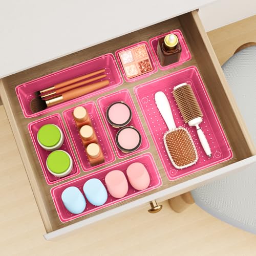 Image of ElegantArray 12 PCS Drawer Organizer Set, 4 Sizes Tool Storage Trays, Clear Plastic Makeup Vanity Organizer and Storage Bins for Stationeries, Multiple Gadgets for Office, Bedroom, Pink