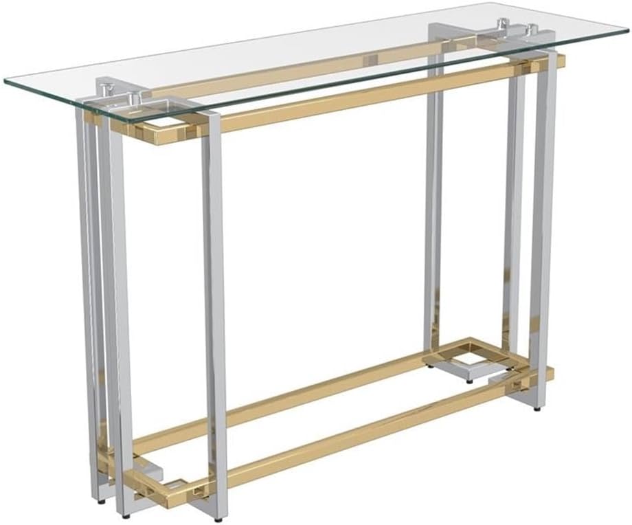 Pemberly Row Contemporary Metal and Glass Console Table, 47.24 x 15.75 x 30.71 in, Clear Tempered Glass Top, Modern Geometric Design, Polished Silver and Gold Finish, Stylish Accent Table for Hallway