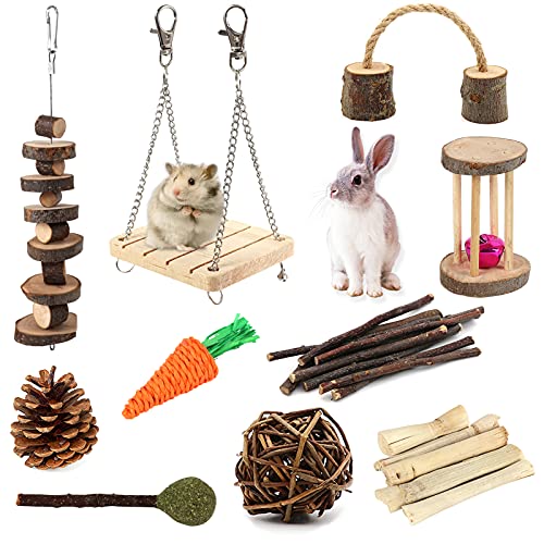 ZALALOVA Guinea Pig Toys, 10Pcs Natural Wooden Pine Hamster Chew Toys Rats Chinchillas Toys Accessories Edible Toy Exercise Bell Roller Teeth Care Molar Toy for Bunny Rabbits Gerbils