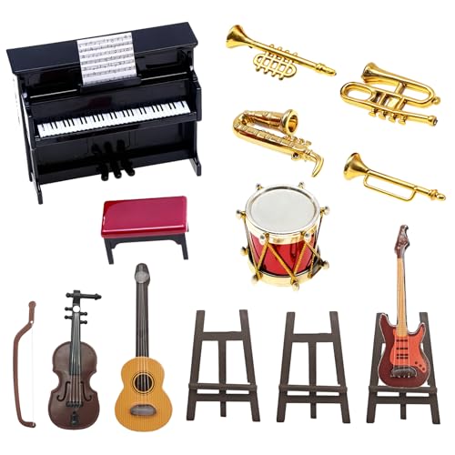 Xerteam Miniatur Deko Musikinstrumente, 15 Stück Wichtel Zubehör mit Mini Gitarre Klavier Schlagzeug Trompete Instrumentenständer, 1:12 Puppenhaus Modell