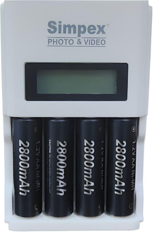 Simpexs Rechargeable AA Battery Charger LCD Fast Charger – Includes 4 x 2800mAh NiMH AA Ready to Use Batteries – 4 Slot Universal Charging Station for Digital Camera & Electronics (White/Black)