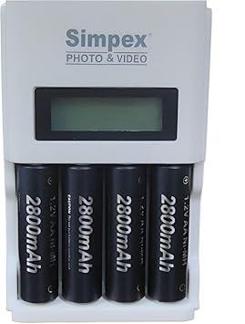 Simpexs Rechargeable AA Battery Charger LCD Fast Charger – Includes 4 x 2800mAh NiMH AA Ready to Use Batteries – 4 Slot Universal Charging Station for Digital Camera & Electronics (White/Black)