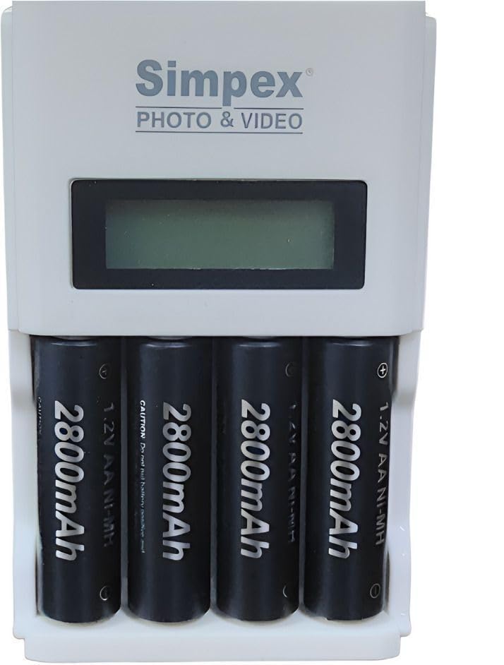 Simpexs Rechargeable Battery Charger LCD Fast Charger with 2800mAh 4pc AA Ready to Use Rechargeable Camera Battery Charger (White, Black)