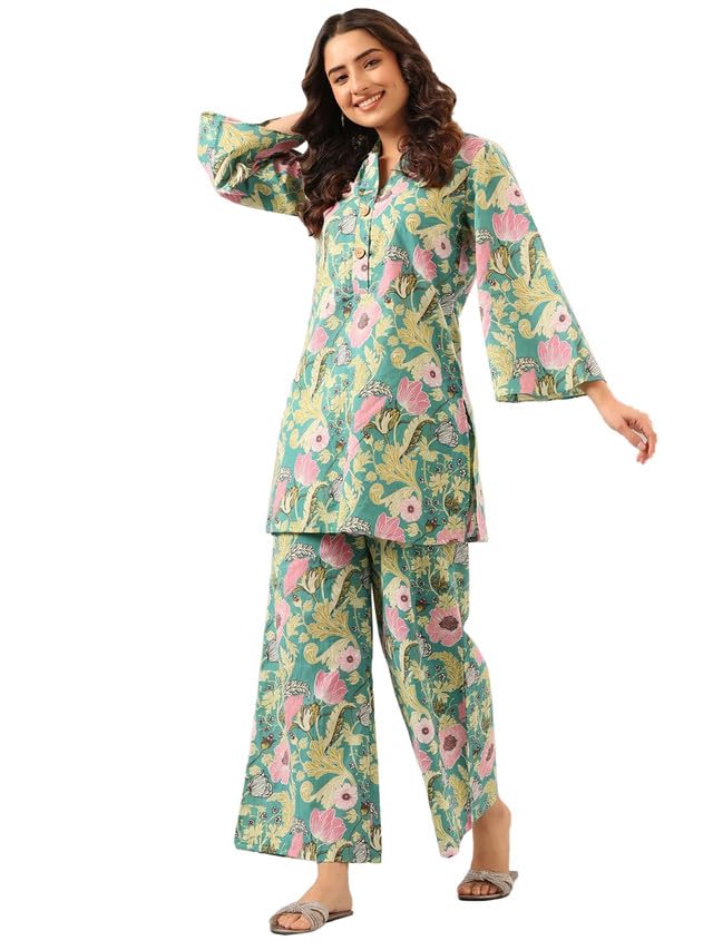 Selvia Women's Bell Sleeve Poly Rayon Henley Neck 2 Piece Co-Ords Set (569Tk622N-Xl_Light Turquoise & Pink)