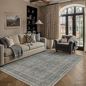PureCozy Vintage Area Rug 5x7 Grey Brown Washable Living Room Large Carpet Non Slip Bedroom Indoor Office Low Pile Traditional Distressed Retro Accent Rug for Dining Room Bathroom Kitchen 5'