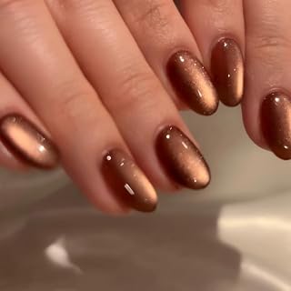 KQueenest Cat Eye Press on Nails Short Oval, 30 Pcs Light Brown Fake Nails Short Round, Glitter Glass Glue on Nails Almond, Reusable Shiny Chrome False Nails for Women Fall Winter