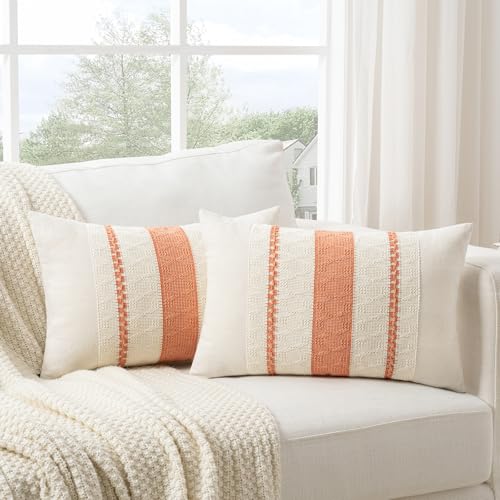 Fancy Homi Set of 2 Boho Coral Long Lumbar Decorative Throw Pillow Cover 14x24 Inch for Couch Bed Sofa Chair, Modern Organic Farmhouse Home Decor, Soft Cotton Cute Accent Rectangle Cushion Case