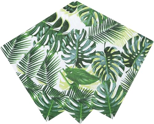 Packung mit 20 tropischen Servietten | Grüne Papierservietten mit Palmblatt-Design | Einweggeschirr für Kinderparty, Safariparty, Dschungel, Dinosaurier, Sommer, hawaiianisches Thema