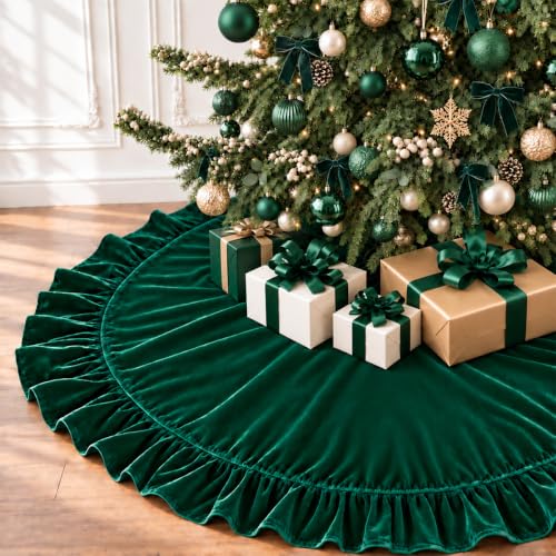 DegGod Velvet Christmas Tree Skirt, 60 Inches DarkGreen Ruffled Velvet Christmas Tree Skirt,Rustic Vintage Xmas Tree Skirt for Party Decorations